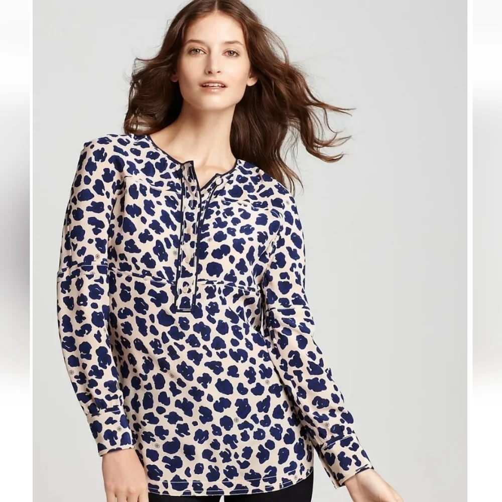 Tory Burch Robin Silk Blue Cheetah Print Long Sleeve Tunic Blouse Women's Size 2